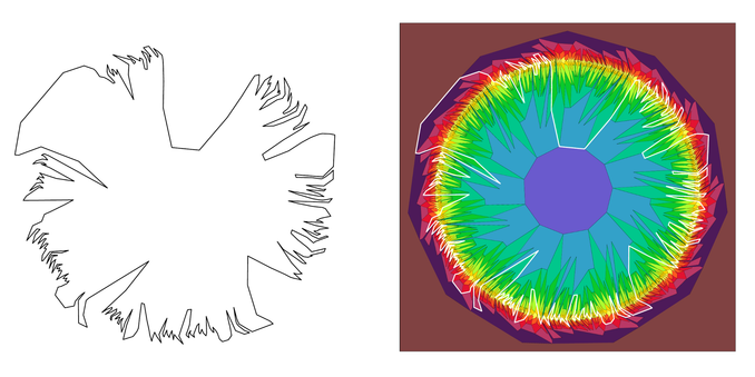 On the left, a shape that can be used as the basis for a rotationally-symmetric 11-Venn diagram. On the right, the resulting diagram with areas coloured according to rank.