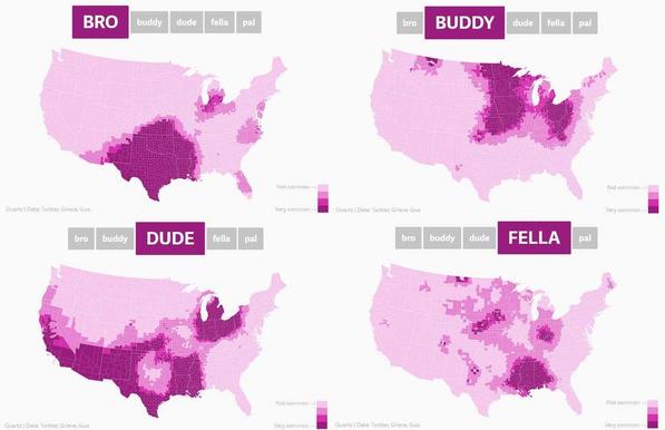This image is a map of the continental United States showing regional usage of the word "bro" as a term of address among American men. Titled "BRO" in large purple text at the top left, the map uses varying shades of pink to purple to indicate frequency, with darker areas showing higher usage. The darkest regions—suggesting "bro" is very common—are concentrated in Texas and surrounding states including Louisiana, Oklahoma, Arkansas, and parts of the South and Midwest. The Northeast and West Coast show lighter shades, indicating lower usage. Above the map, gray buttons labeled “buddy,” “dude,” “fella,” and “pal” suggest that the map is part of a broader interactive dataset showing regional slang preferences. A small credit in the bottom left attributes the source as Quartz, based on Twitter data analyzed by Grieve and Guo.