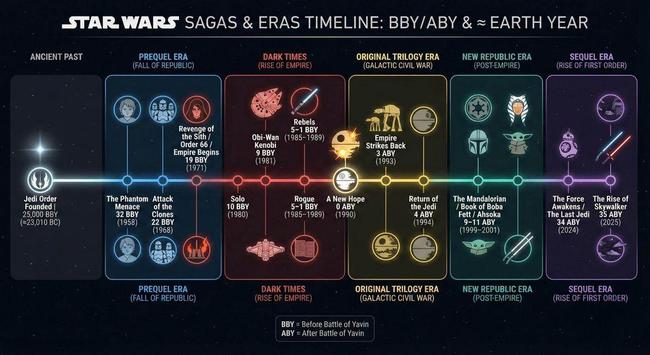 A colorful infographic titled “Star Wars Sagas & Eras Timeline: BBY/ABY & ≈ Earth Year” showing the chronology of Star Wars stories along a horizontal timeline divided into distinct eras. On the far left the “Ancient Past” shows the founding of the Jedi Order at 25,000 BBY, approximately 23,010 BC. The “Prequel Era (Fall of Republic)” follows with The Phantom Menace at 32 BBY, Attack of the Clones at 22 BBY, and Revenge of the Sith at 19 BBY marking Order 66 and the beginning of the Empire. The timeline then moves into the “Dark Times (Rise of Empire)” featuring Solo at 10 BBY, Obi Wan Kenobi at 9 BBY, and stories like Rogue One and Rebels set between 5 and 1 BBY. The central point is A New Hope at 0 ABY, marking the Battle of Yavin. The “Original Trilogy Era (Galactic Civil War)” includes The Empire Strikes Back at 3 ABY and Return of the Jedi at 4 ABY. To the right the “New Republic Era (Post Empire)” shows The Mandalorian, The Book of Boba Fett, and Ahsoka set around 9 to 11 ABY. Finally the “Sequel Era (Rise of First Order)” includes The Force Awakens and The Last Jedi at 34 ABY and The Rise of Skywalker at 35 ABY. Each era is color coded with stylized icons of characters, ships, and symbols such as lightsabers and the Death Star. A legend at the bottom explains BBY as Before Battle of Yavin and ABY as After Battle of Yavin, with approximate real world release years noted beneath many entries.