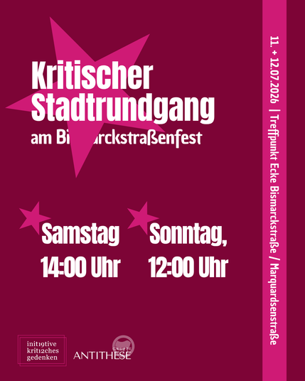Ankündigung Kritischer Stadtrundgang am Straßenfest auf rotem Hintergrund mit rosa Sternen
