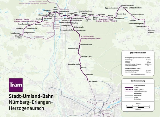 Streckenplan der Stadt-Umland-Bahn zwischen Nürnberg, Erlangen und Herzogenaurach mit möglichen Erweiterungen

Quelle:  OpenStreetMap contributors HerrMay, StUB-Netz 11 2023, CC BY-SA 4.0